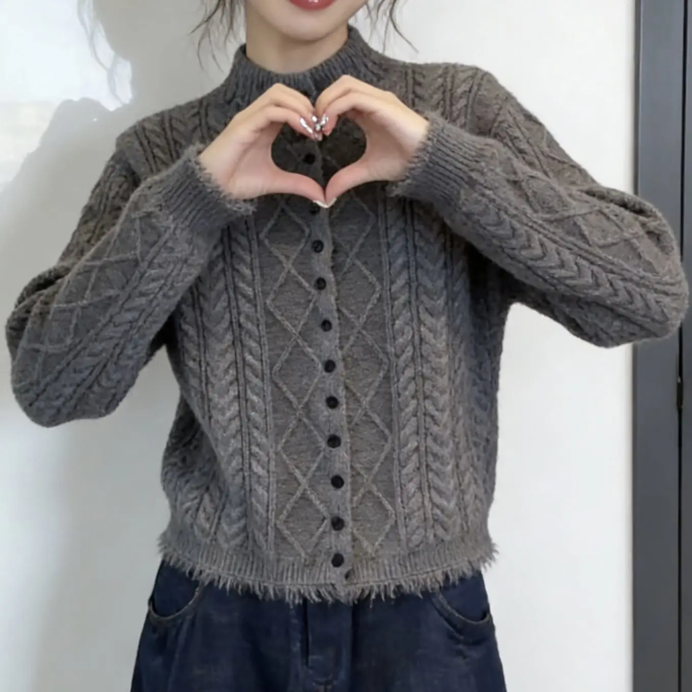 

Wool sweater semi-turtleneck twist knitted cardigan autumn and winter new thickened solid color sweater jacket