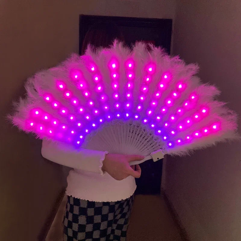 2023 New Product Led Feather Hand Fan Folding Light Up Feather Decorative Fabric Fans For Party