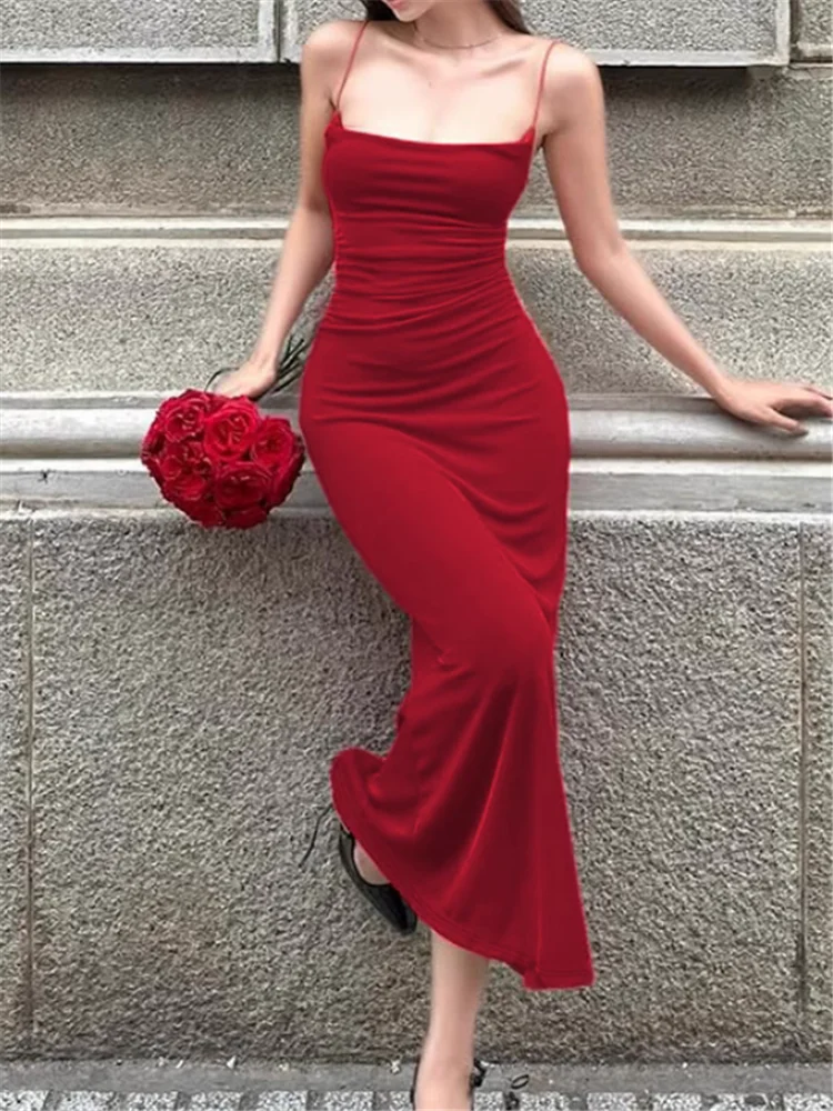 فتاة حار مثير أحمر أسود مائل الرقبة فستان طويل زلة عطلة الصيف بلا أكمام عبر الأشرطة عارية الذراعين قلم رصاص الحمالة فستان