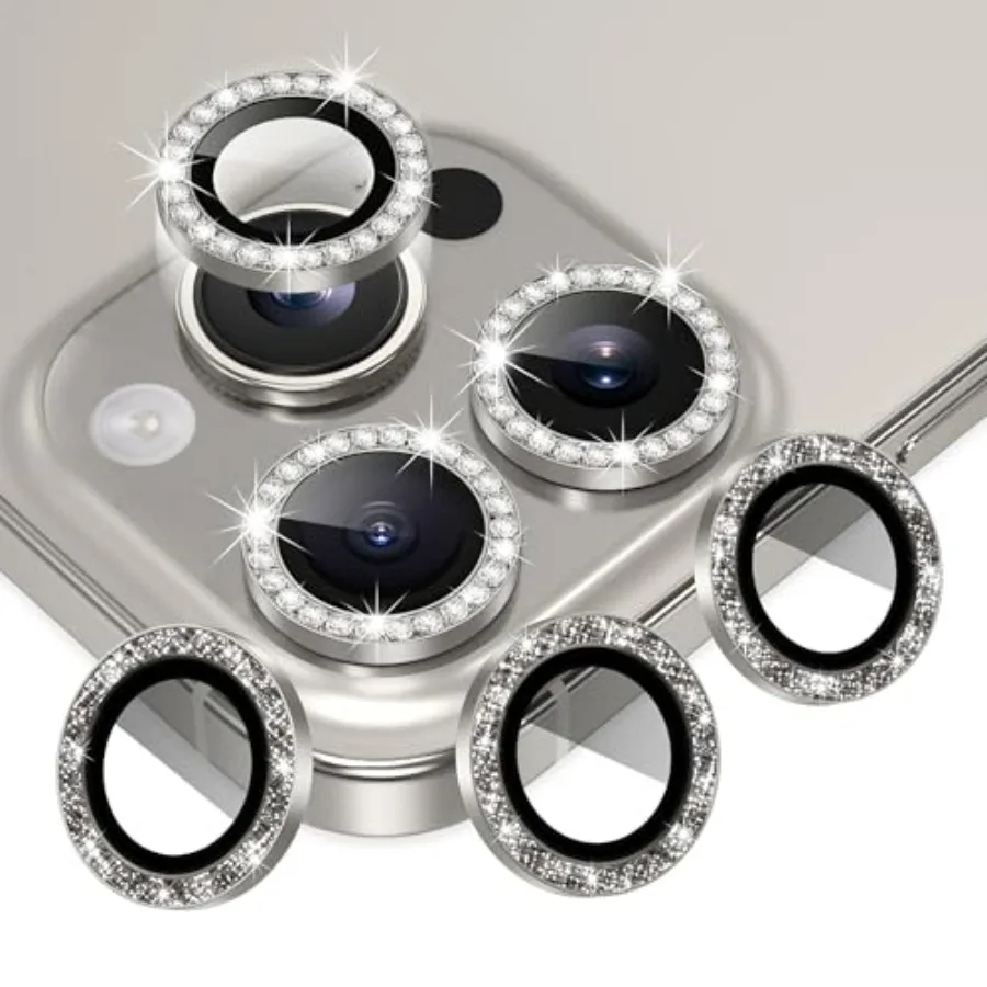 

3+3 6 Pack for iPhone 6.3"/ Max 6.9" Camera Lens tector, Bling Diamond and Bling Glitter Metal Ring 9H Tempered HD Glass Camera