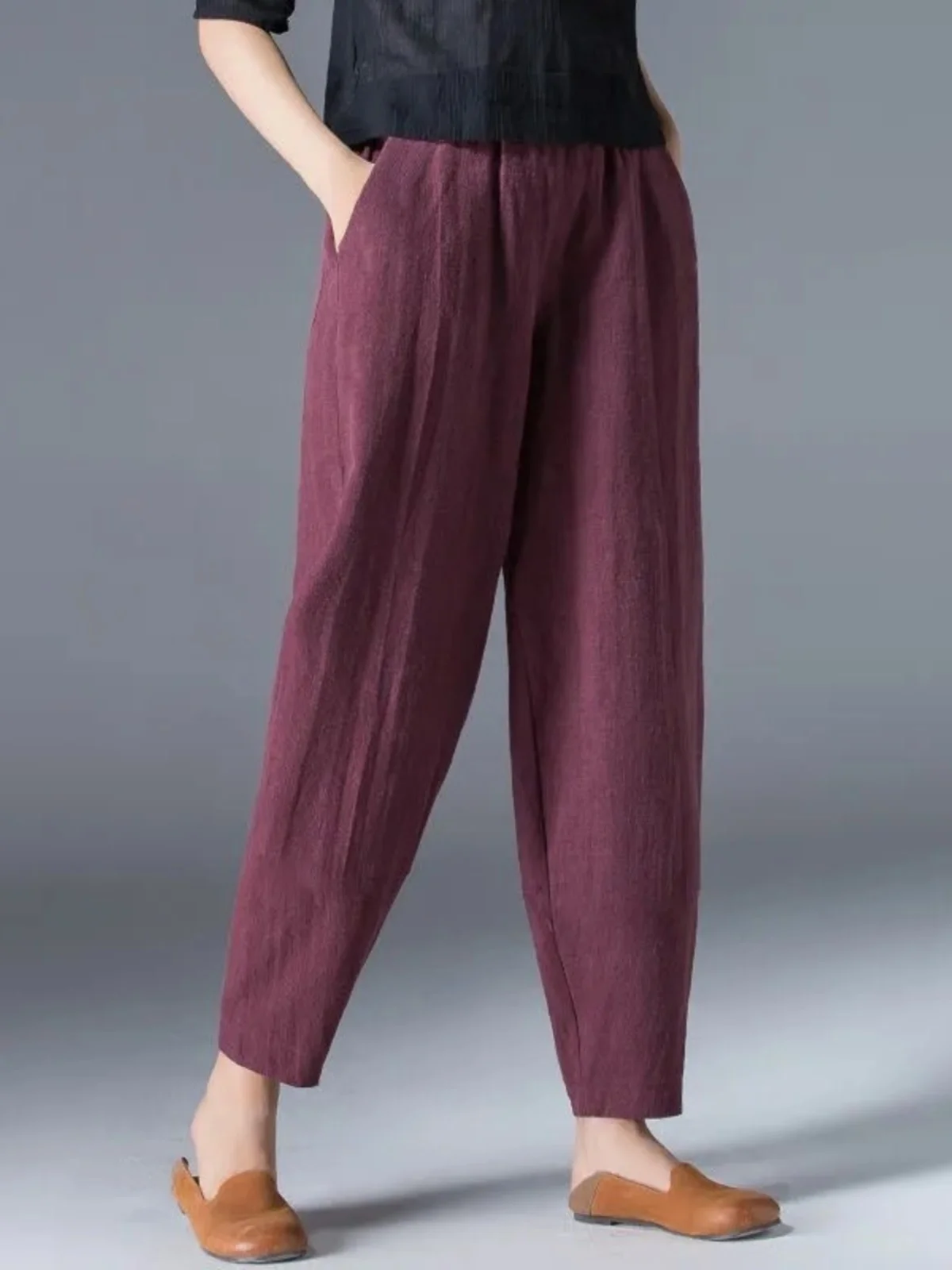 Cotton Linen Harem Pants Women Summer Nine Points Loose Thin Elastic Waist Wide Leg Pants Artistic Versatile Casual Pants