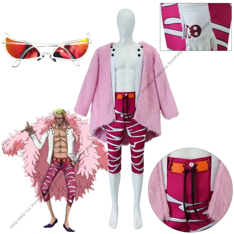 Anime Donquixote Doflamingo Cosplay Costume Thread Fruit Female Sexy Skirt Pink Plush Fur Coat Cloak Woman Carnival Party Suit