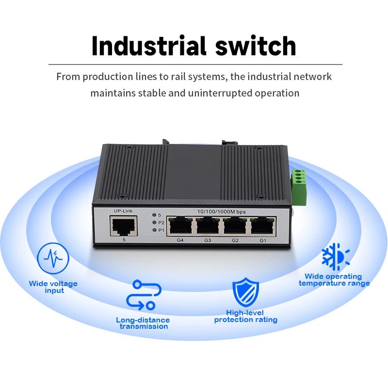 Industrial 100M 8 Port Ethernet Switch 10/100Mbps DC12-57V Aluminium Alloy Housing DIN-rail Mounting 8 Ports PoE Network Switch