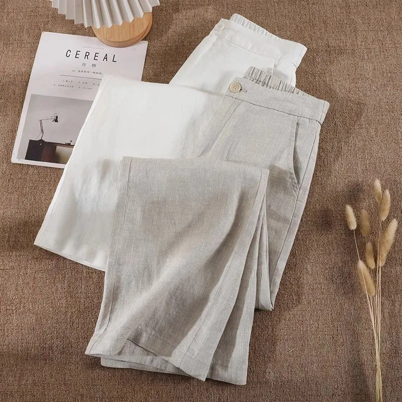 

Hot Sale Girls Baggy Linen Casual Pants Female Classic Solid High Waist Trousers Women Ins Fashion Thin Drawstring Pants