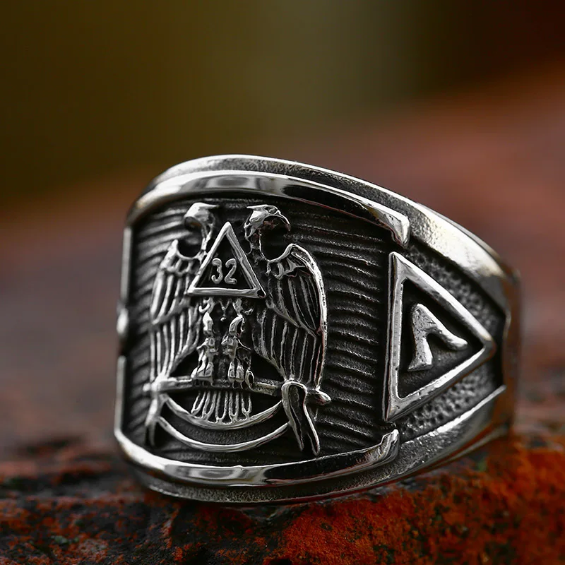 Mens 316 stainless steel 32 degree Scottish Rite Freemason masonic ring eagle wings 32nd degree rings