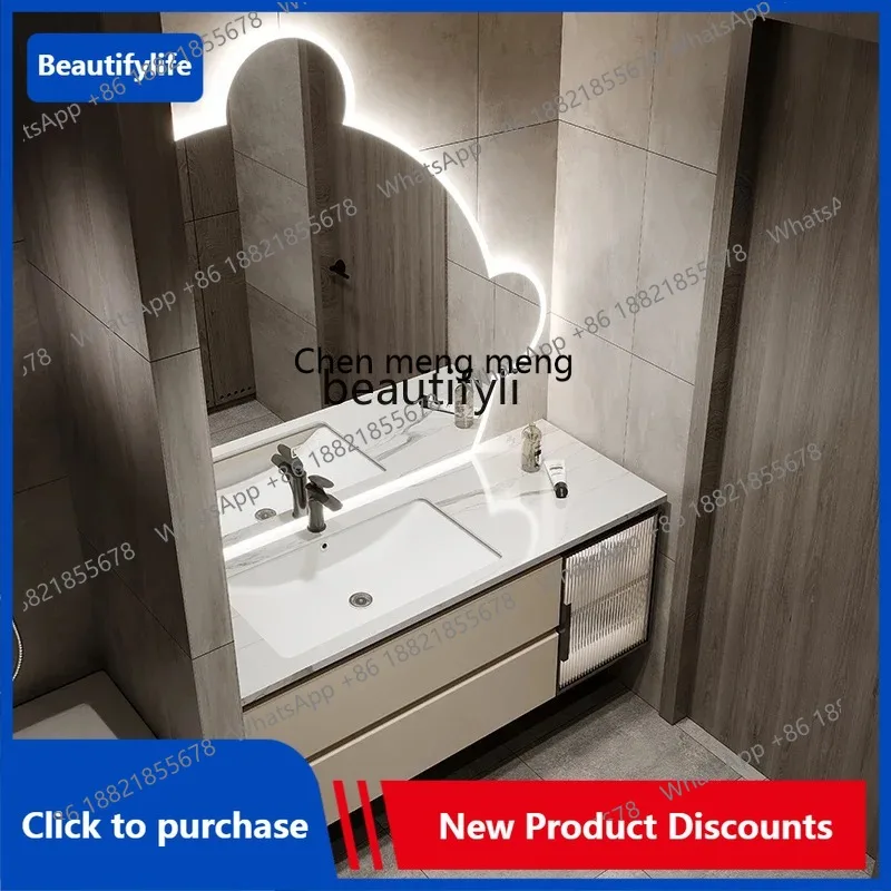 C85 Oak Stone Plate Bathroom Cabinet Combination Modern Light Luxury Floor Bathroom Wash Face Wash Inter-Platform Basin