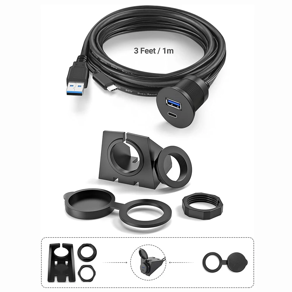 USB 2.0 A&Type-C USB3.0 A&Type-C 2.0/3.0/3.1 Extension Cord for Car Truck Boat Motorcycle Dashboard Panel Mount Flush Cable 1M