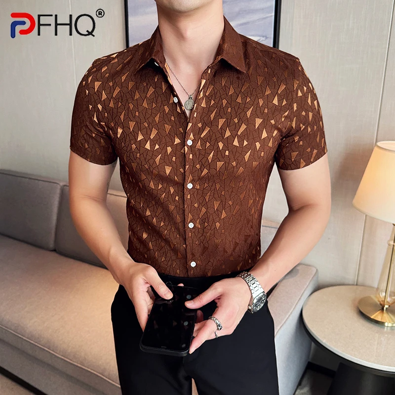 PFHQ Summer New Men's Slim Fit Shirt Short Sleeved Fashionable Versatile 2024 Solid Color Luxury Male Tops Casual 21Z5363