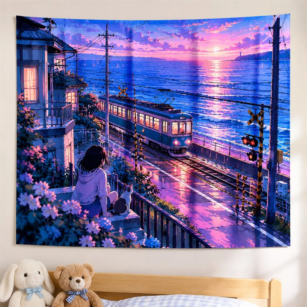 VIKAMA Seaside Train Anime Tapestry Wall Hanging, Aesthetic Cinematic Anime Room Decor Tapestries for Bedroom Living Room Study