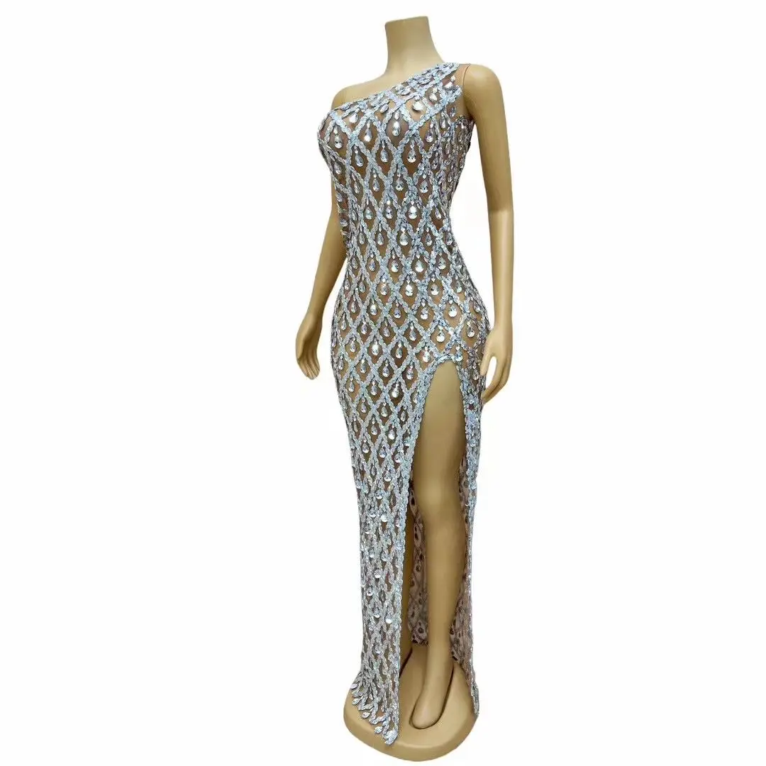 

Sparkly Silver Sequins Diamonds High Split Dress Elegant Wedding Celebrate Prom Gown Birthday Photograph Wear Shaokaojia