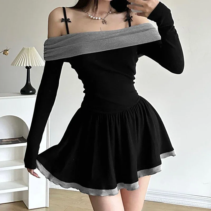 

Elegant Contrast Color Patchwork A-Line Dress Slash Neck Long Sleeve Mini Dress