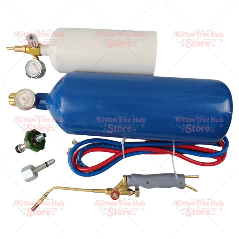 Portable gas welding torch kit with oxygen cylinder for refrigeration repair and brazing of air conditioning copper pipes.