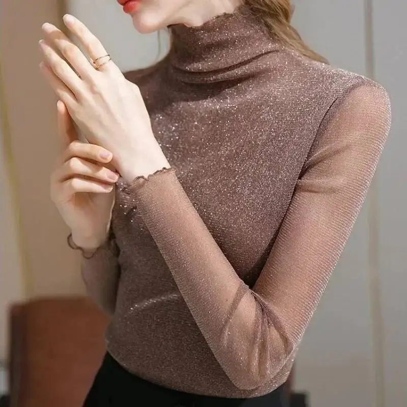 بلايز امرأة بريق الترتر ربيع الخريف سليم كم طويل تي شيرت للنساء حجر الراين الكورية الملابس الشعبية Pulovers نمط Kpop