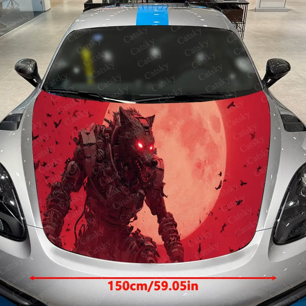 Cyber Wolf Red Moon Auto Hood Sticker, Car Cover Decal, Waterproof and Self-adhesive Auto Vinyl Wraps, Fashionable Car Exterior