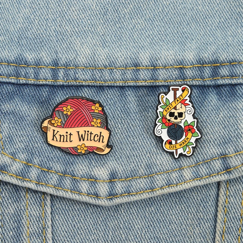 Broches de Esmalte de Tricô com Tema de Bruxa, Bola de Lã Floral, Distintivos de Lapela, Joias de Tricô com Tema de Caveira, Presente para Amigos Artesãos