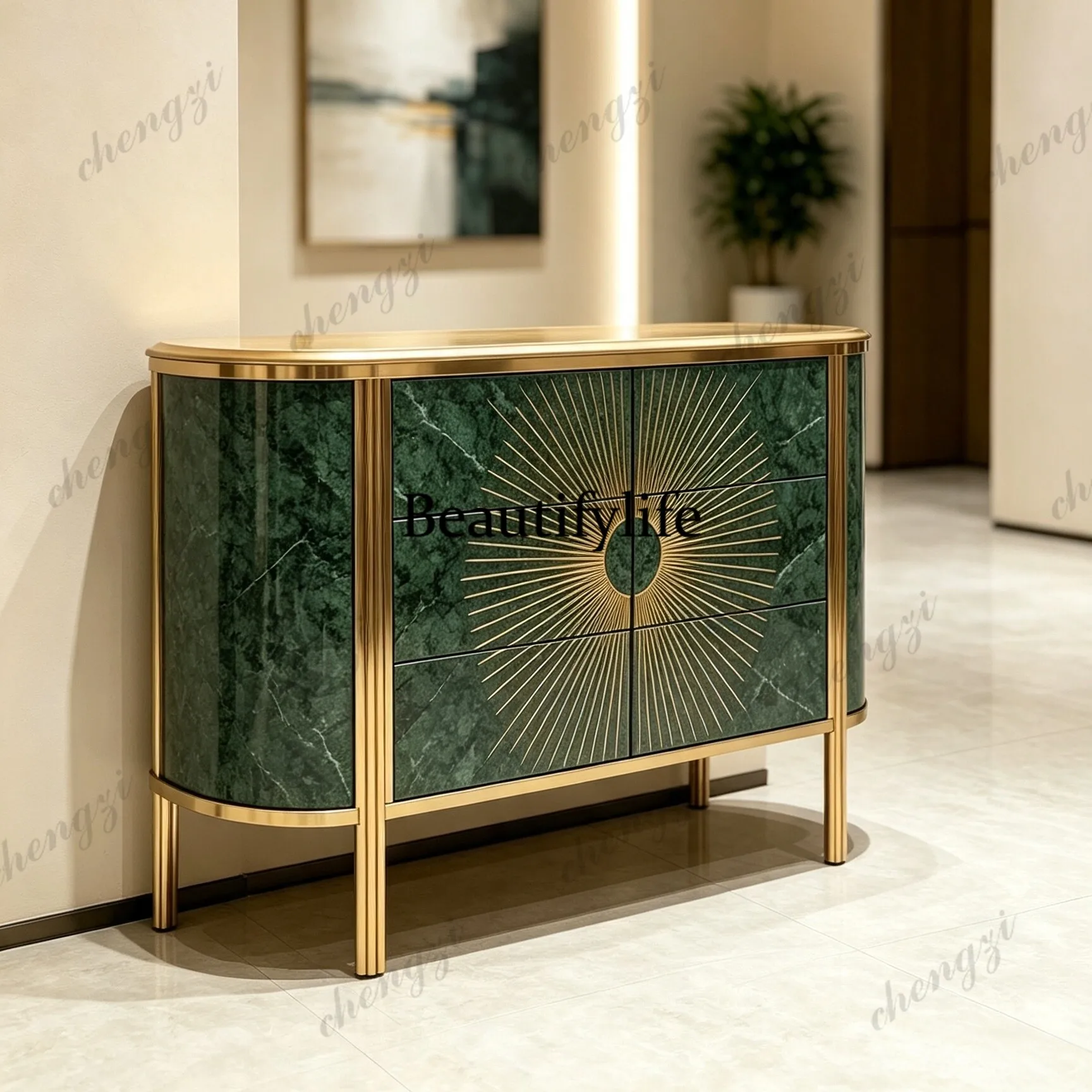 French light luxury arc emerald luxury stone chest cabinet sun radiation pattern entrance cabinet living room