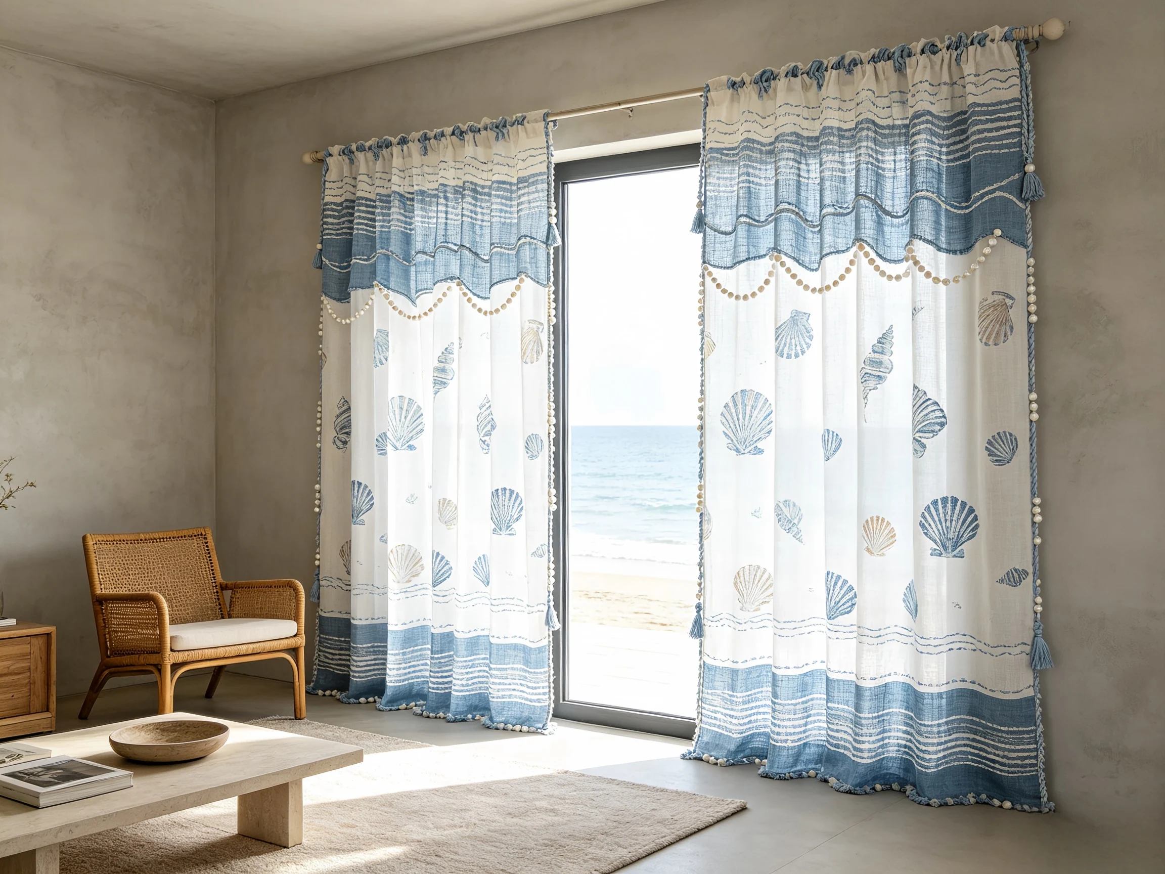 200285  Blue shell printed wool ball pendant curtain