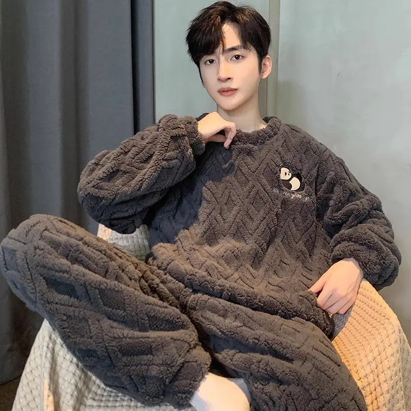 Thickened Embroidered Coral Fleece Home Clothes Set for Men Leisure Soft Comfortable Warm Long-sleeved Long Pants Pajamas Suit