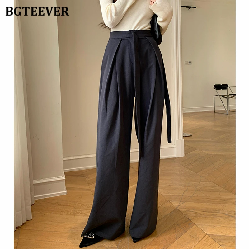 

BGTEEVER Stylish Loose Lace-up Wide Leg Trousers Women Spring Summer High Waist Straight Suit Pants for Women