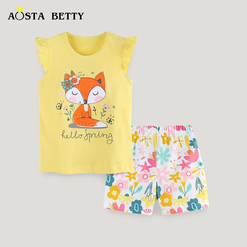 

Summer new girls short-sleeved suit European and American style fashion little fox printing crew neck two-piece set