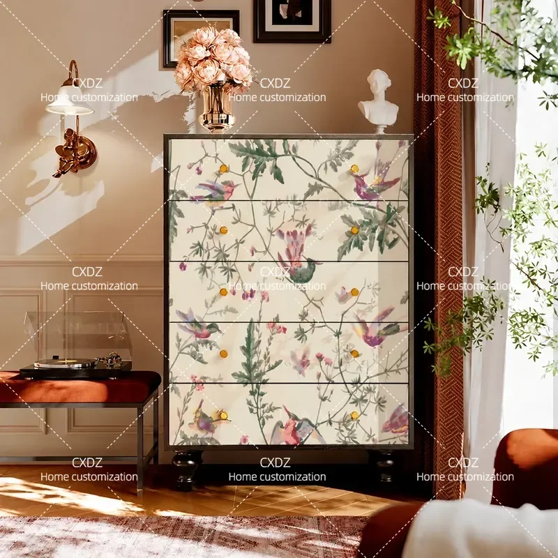 Solid wood locker painted five-bucket six-bucket cabinet Chinese flower and bird wall living room sofa bedside cabinet French