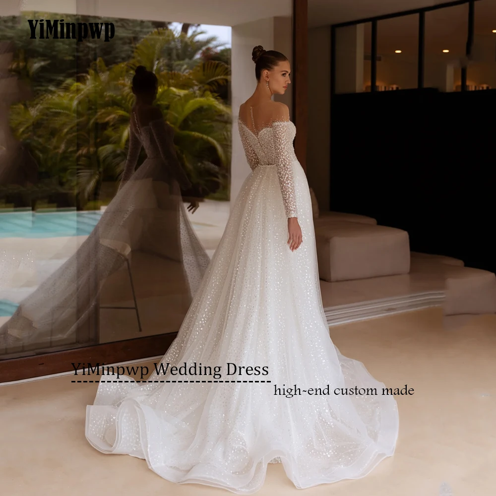 Glitter Wedding Dresses Full Sleeves Detachable Train Beaded Mermaid Glitter Bridal Gowns Shiny O-Neck Bride Dress Customized