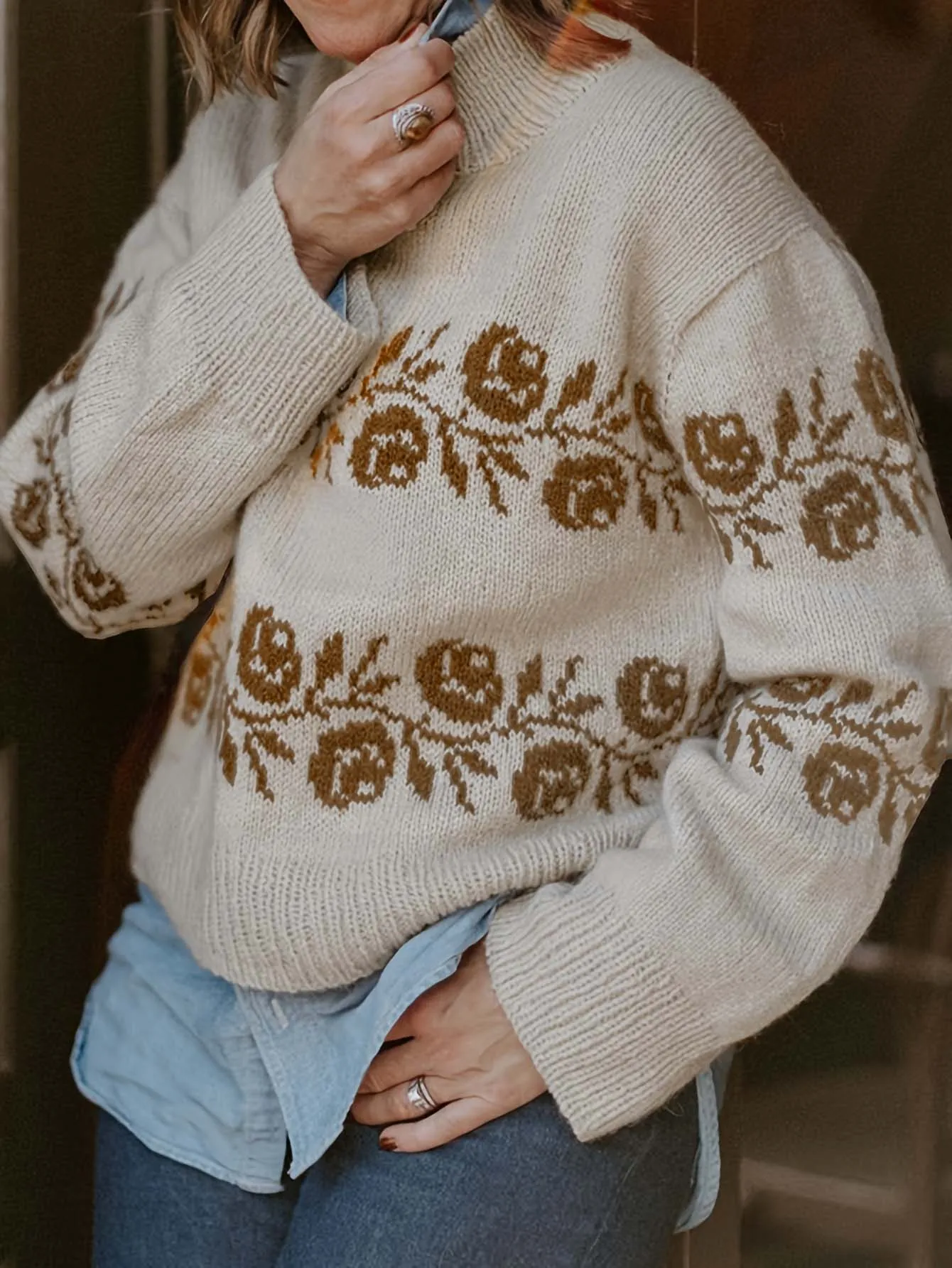 

Женский шерстяной пуловер с высоким воротником и цветочным жаккардовым узором, модный, свободный и универсальный, в стиле casual.