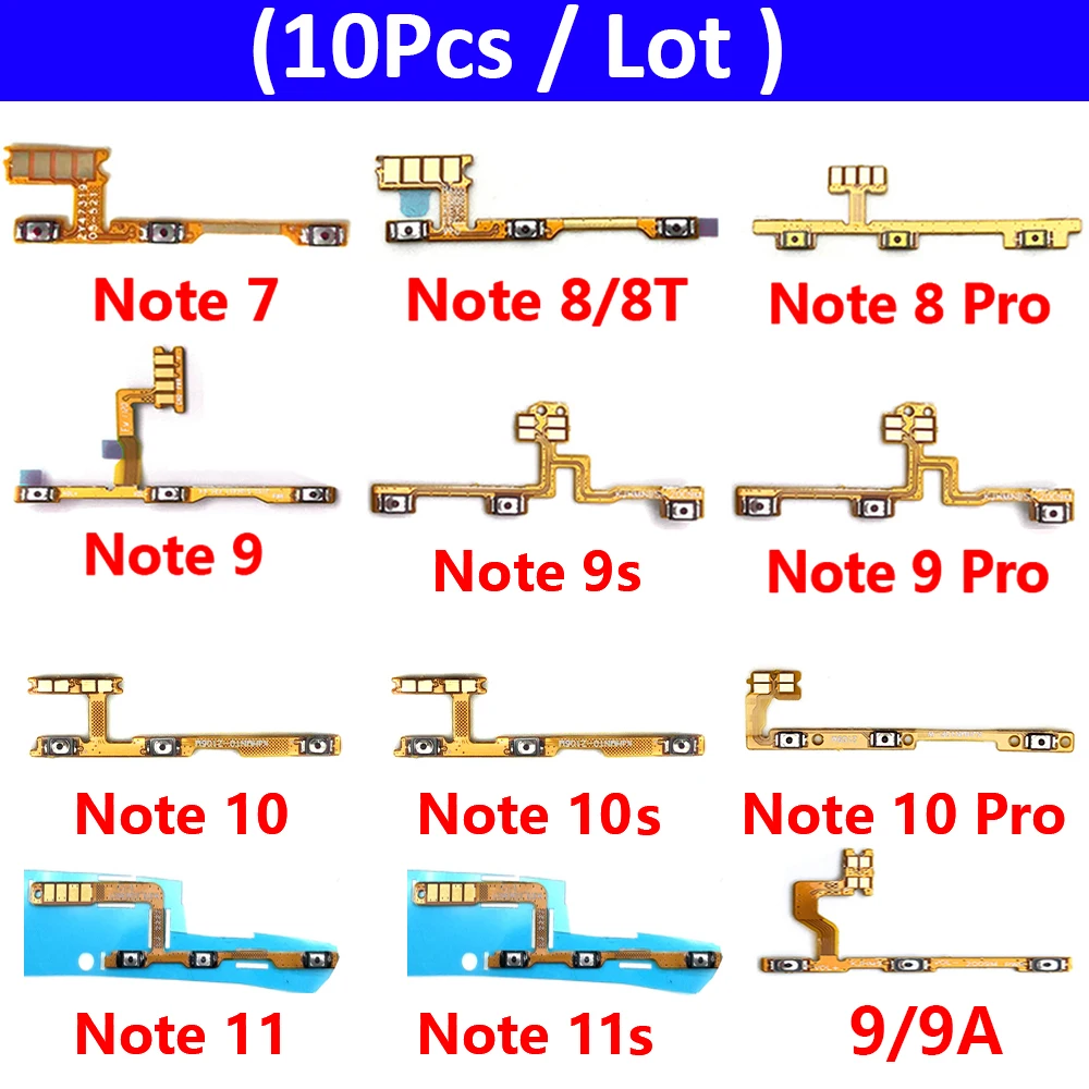 10Pcs, Power on/off Volume Key Button Flex Cable For Xiaomi Redmi 7 7A 8 8A 9 9A Note 7 8 8T 9 10 10s 11 11s Pro 9s