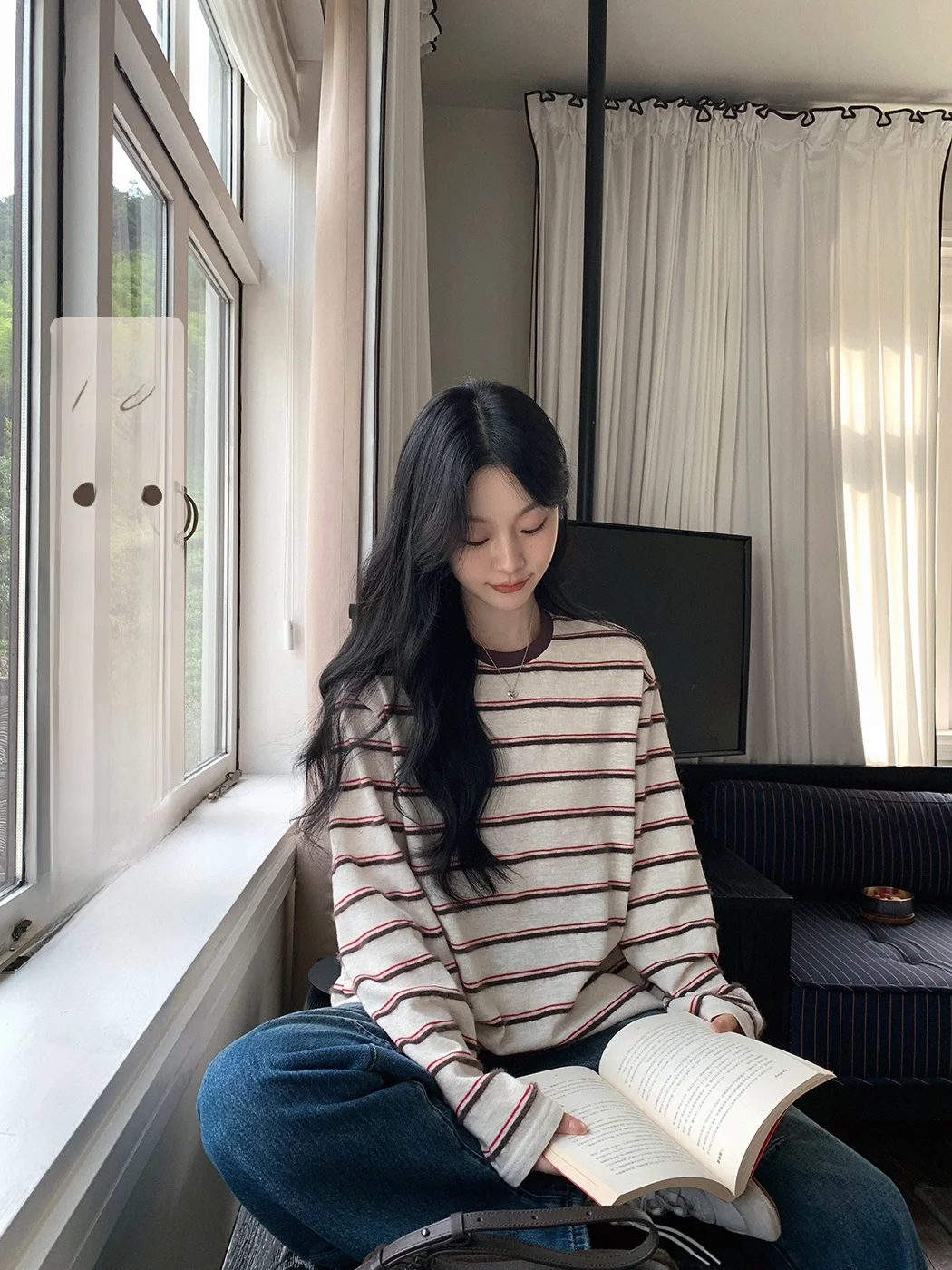 

Японский вязаный свитер Ibell Zhang для женщин, с круглым вырезом, длинными рукавами, пушистый, с узором в виде снежинок, из хлопка, в полоску, универсальный топ