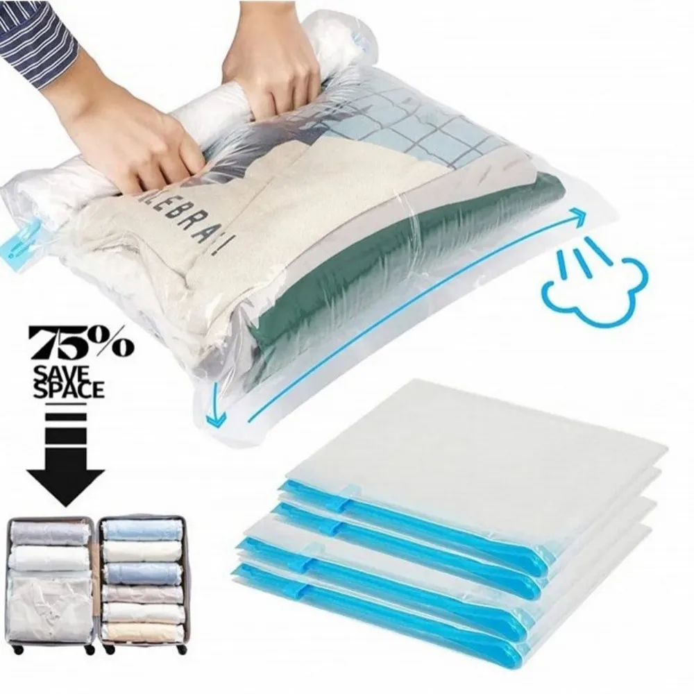 Travel Roll-Up Compression Bags, Reusable Vacuum Storage Bag, Saves 80% of Storage Space, Roll-Up Compression, No Need Air Pump