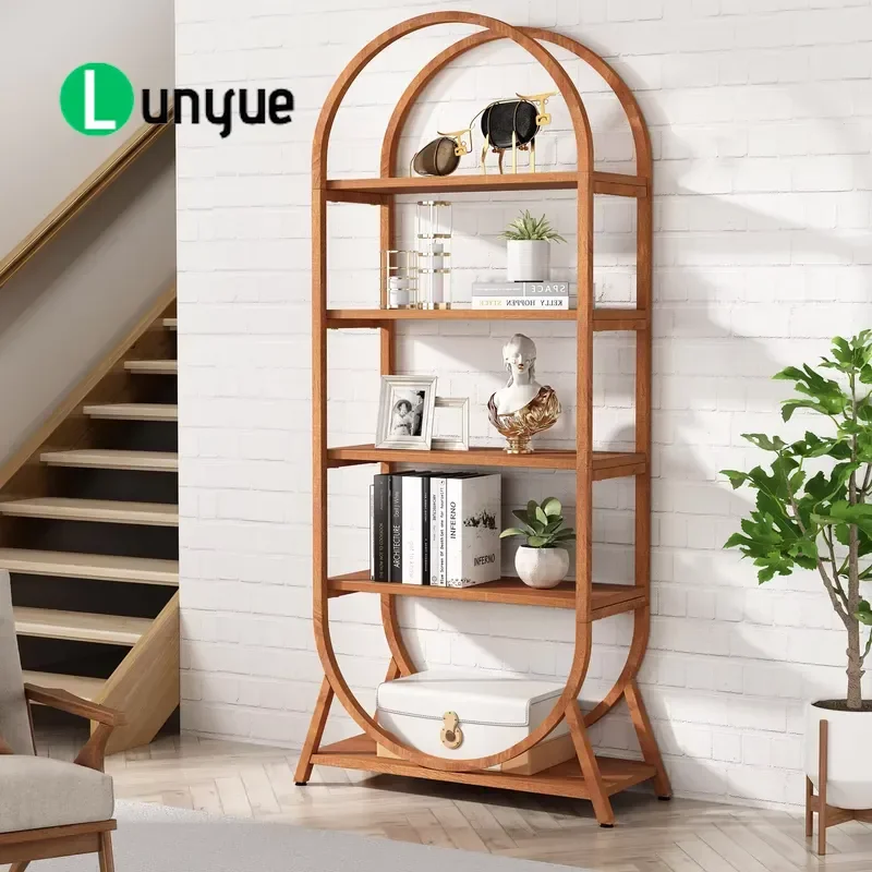 Modern 5 Tier Brown MDF Curved Open Bookshelf Vertical Storage Bookcase for Living Room Bedroom Home Decor