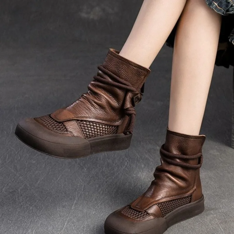

2025 Spring/Summer Autumn New Hollow Breathable Retro Mesh Boots with Back Zipper Thick Bottom Fashion Mesh Roman Style Sandals