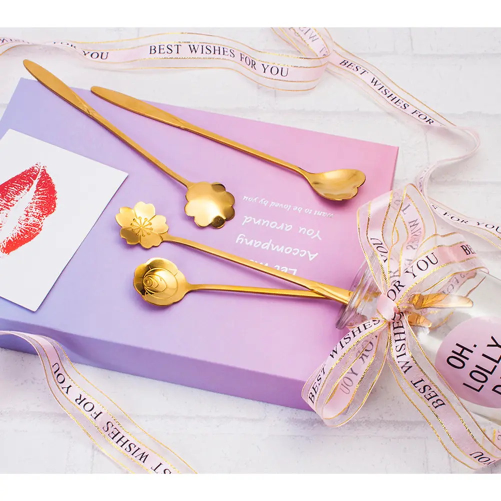 3Pcs Modern Petal Style Stainless Steel Stirring Spoon Set Long Handle High Polish Rose Gold Tone Mixing Spoon for Lemonade Root