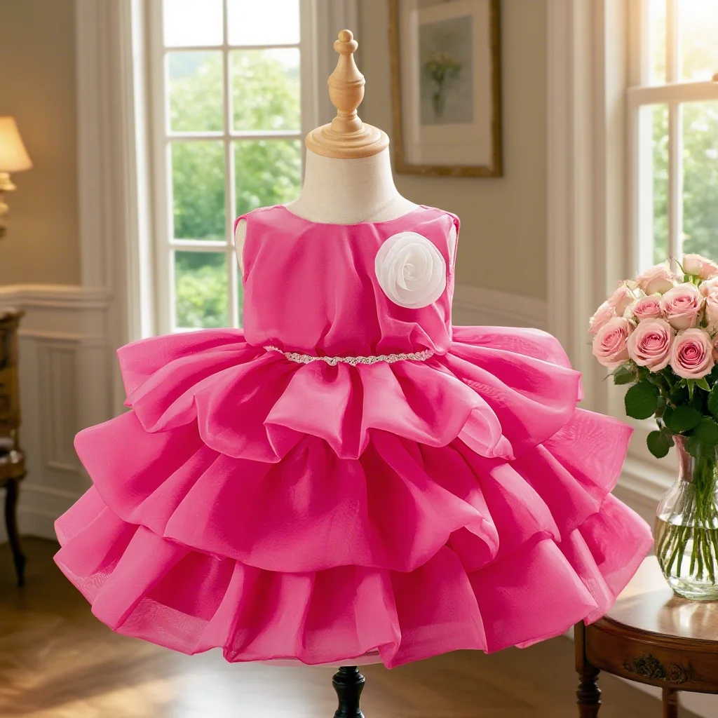 

Rose red dress multi-layer cake skirt suitable for baby girl birthday as birthday gift