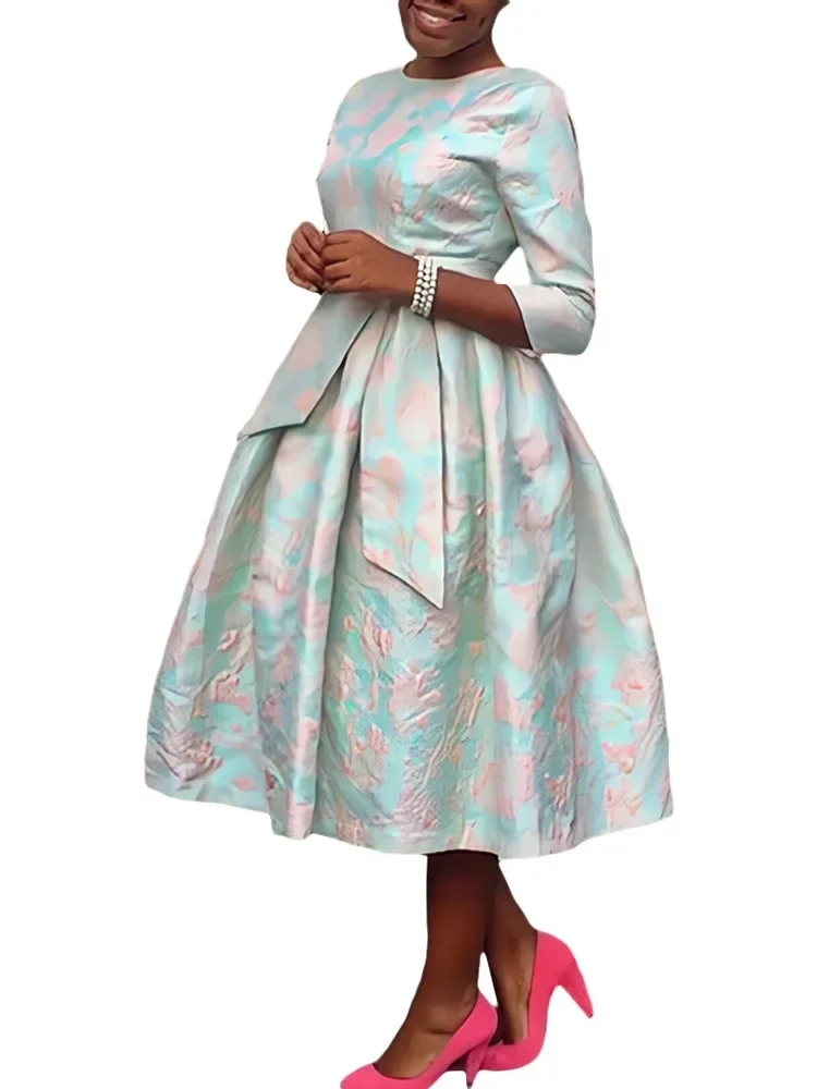 Африканские платья для женщин, осеннее элегантное африканское платье миди из полиэстера с рукавами 3/4, свадебное платье миди с круглым вырезом, модная африканская одежда