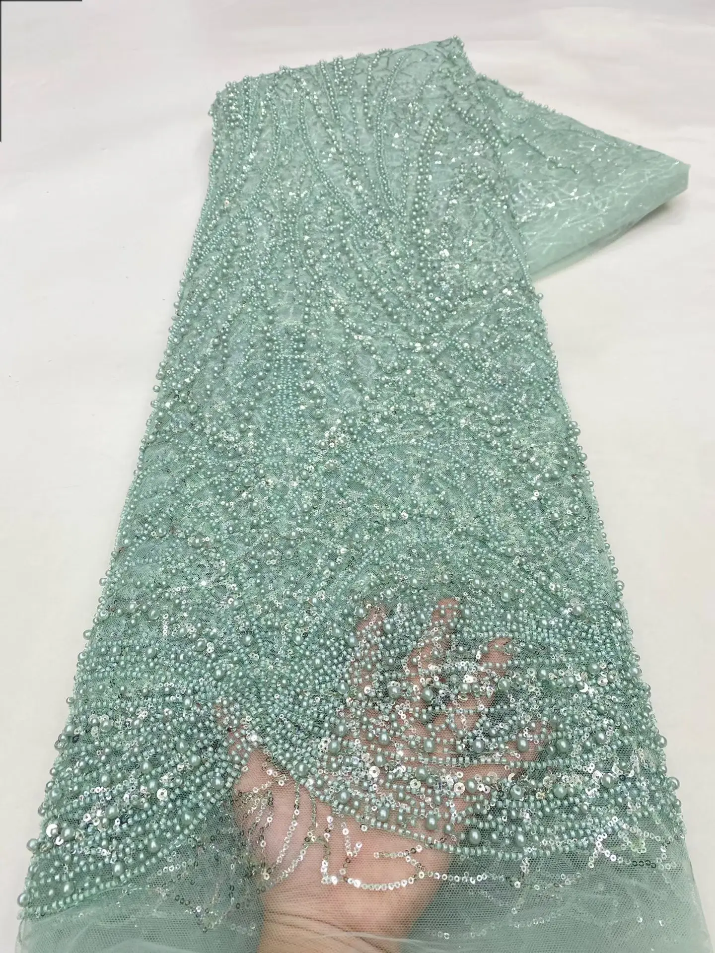 الأربطة الفاخرة للبيع 5 ياردة أحدث أقمشة الدانتيل جودة عالية 2025 اليدوية الخرز الدانتيل النسيج الترتر التطريز لحفل الزفاف H6-1 #4