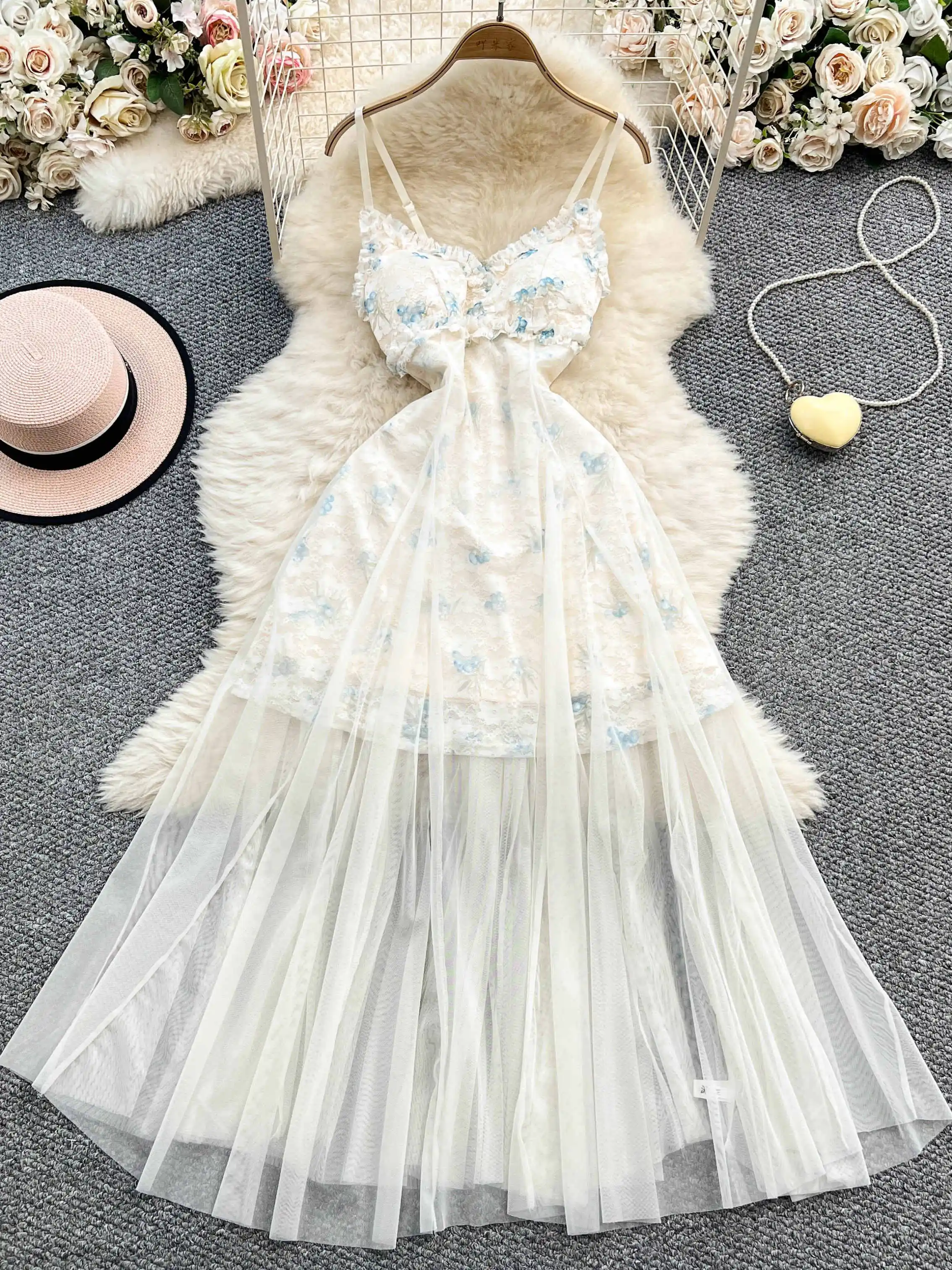 ผู้หญิงดอกไม้พิมพ์ A-Line Sundress Vintage Off ไหล่ตาข่าย Patchwork ลูกไม้ชุดยาว Y2k One Piece Frocks 2000s เสื้อผ้า 2025