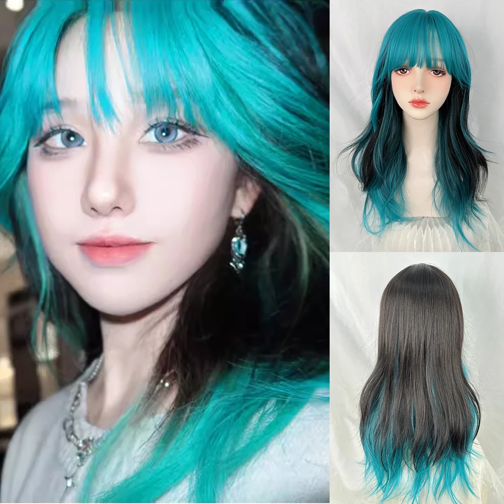 Ombre Highlights Blue Black Wig Long Synthetic Wavy Women Fluffy Lolita Cosplay Hair Wig for Daily Party