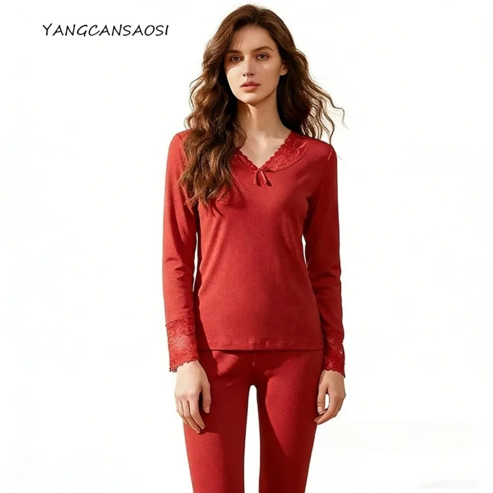 المرأة موضة جديدة بدلة دافئة مرونة عالية غير مقيد الدانتيل الخامس الرقبة مقطوعة القطن بلون الخريف الملابس فستان أطفال مع سروال داخلي