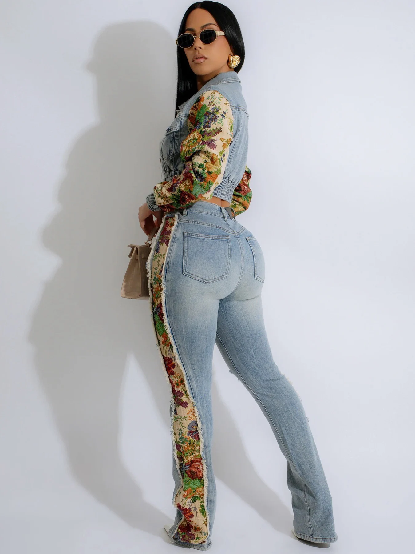 طقم مكون من قطعتين من قماش الدنيم بطباعة جانبية كلاسيكية للسيدات جديدة، قابل للغسل في الغسالة