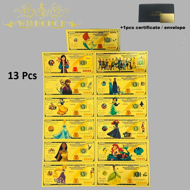 Miniso Disney 15 نوعًا من الأوراق النقدية الذهبية لـ Disney Princess Anime 100 دولار من الأوراق النقدية المزيفة للحرف الفنية للهدايا