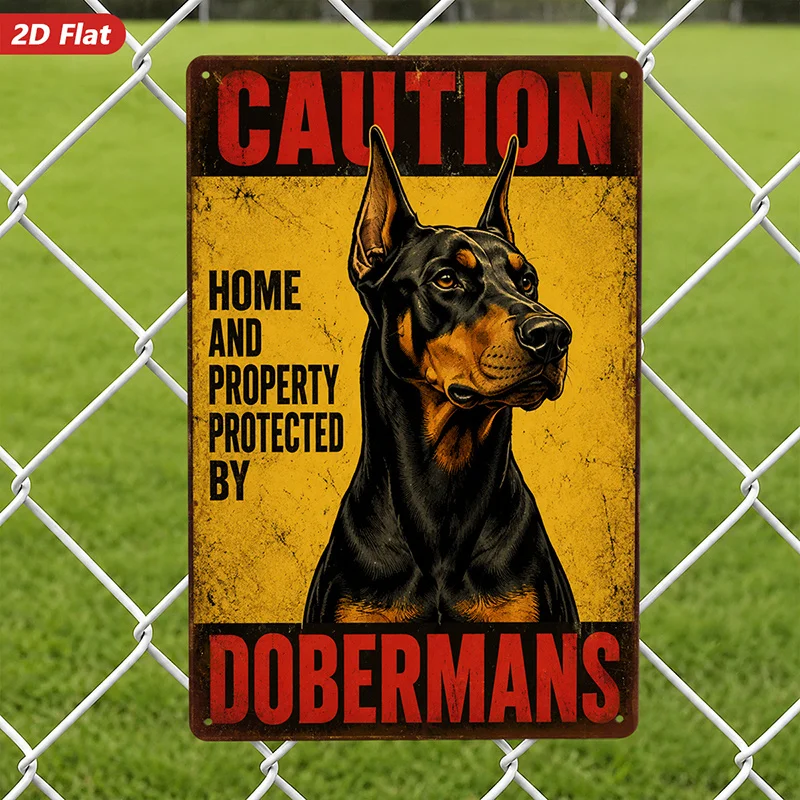 2D Flat, 1pc Metal Sign Wall Art, Caution Home And Property Protected by Dobermans Wall Art, Guard Dog Design, Vintage Style,