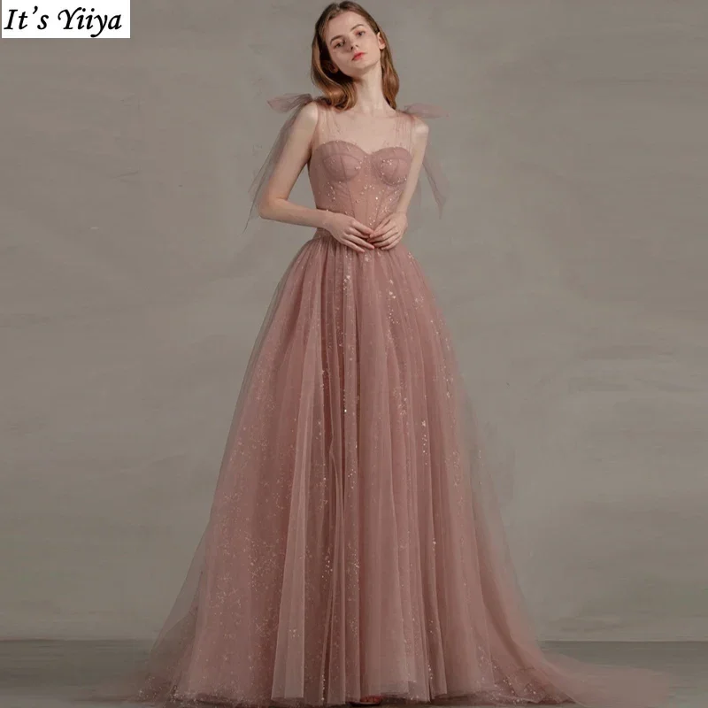 Sequins Luxurious Evening Dress Sleeveless Zipper Back A-Line O-Neck Pleat Floor-Length Tulle New Woman Formal Party Gowns A1586