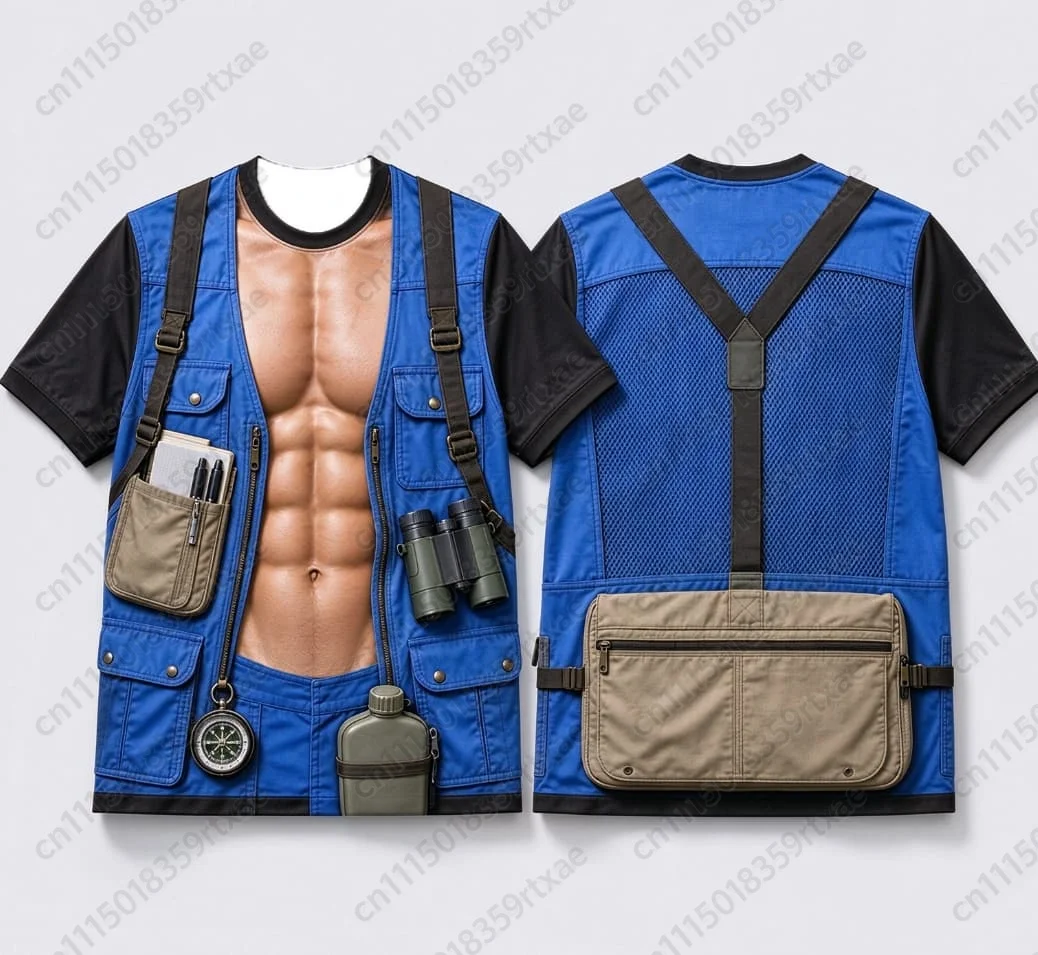 3D Muscle Tactical Vest Camping Printed T-shirt, Family Outdoor Jungle Hunting Party Short Sleeved T-shirt, Street Style2