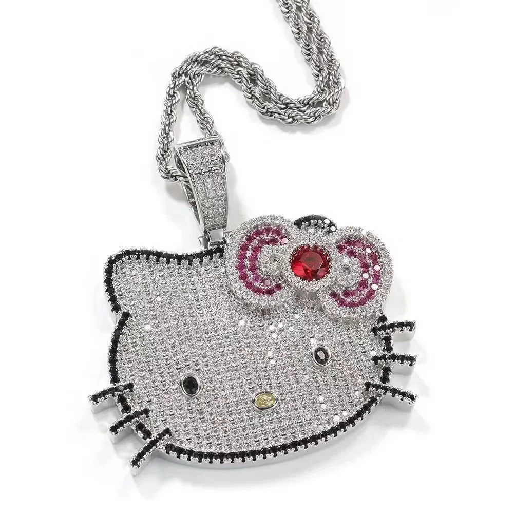 Kawaii Hello Kitty Naszyjnik Anime Sanrio Diamentowy wisiorek Kubański łańcuszek Hip Hop Moda Biżuteria męska i damska Prezenty świąteczne