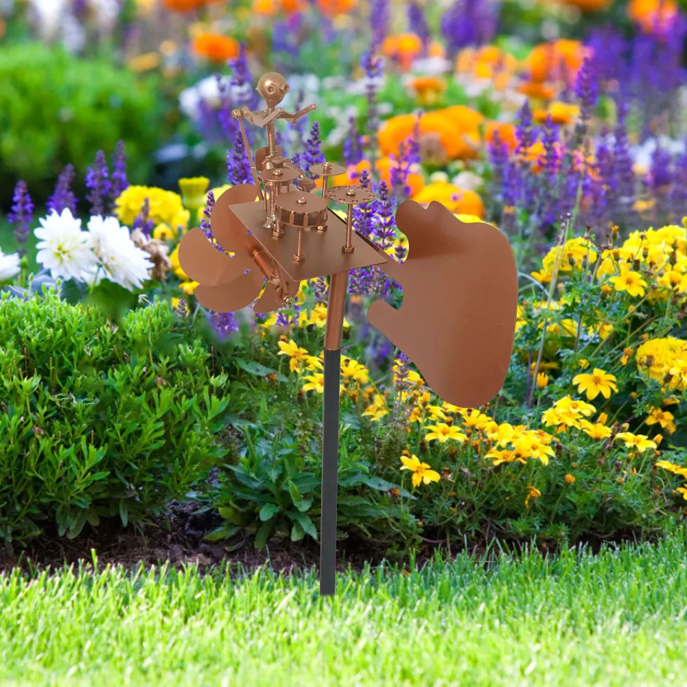 

Металлический ветровой спиннер Beat The Drums с ветром Декоративная ветровая мощность Рок-арт Статуя Открытая ветровая скульптура для двора и сада