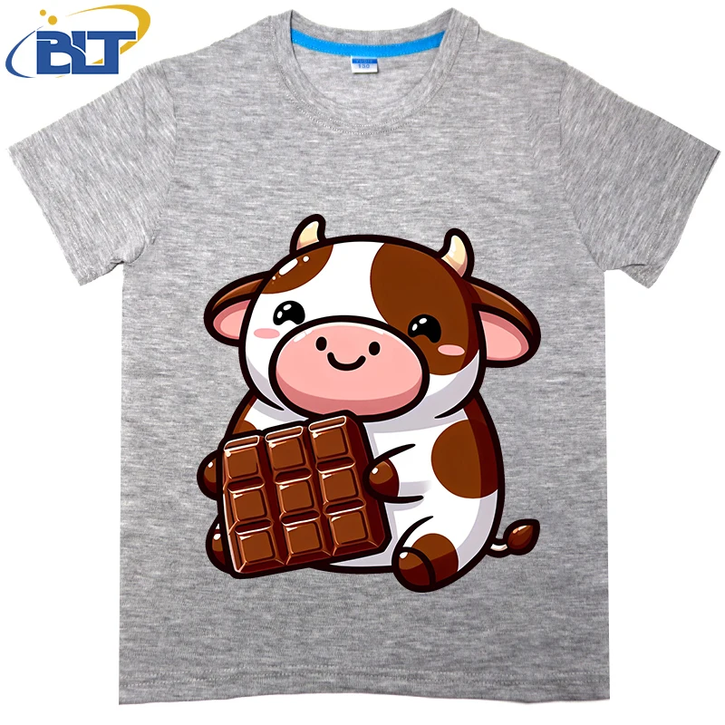 Camiseta con estampado de vaca de Chocolate para niños, top informal de manga corta de algodón puro, adecuado para niños y niñas, Verano