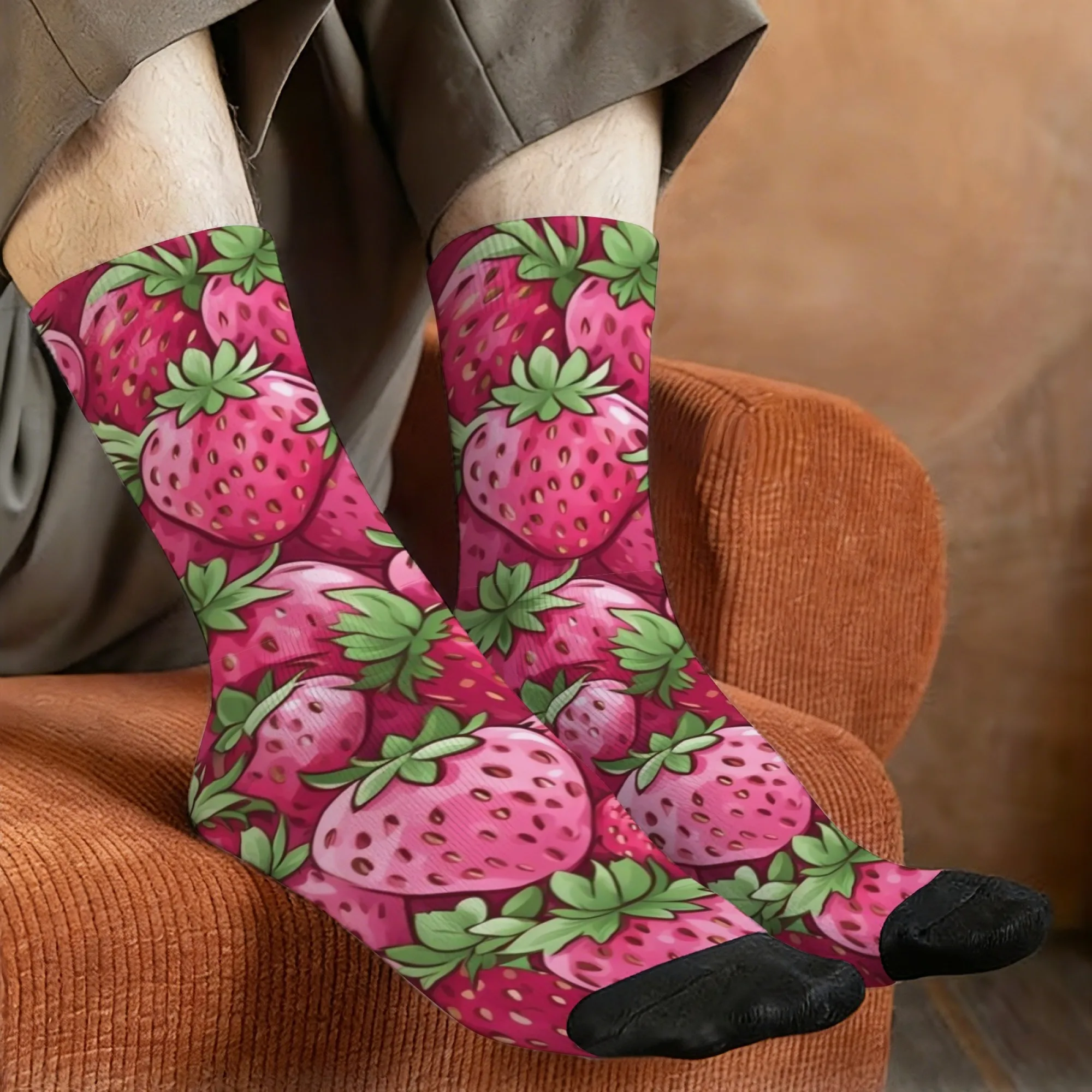 Strawberry Party Print Men's Socks, Comfortable, Breathable, Non-Slip, Casual Socks Novel Street Style Retro Crew Socks Fun Gift