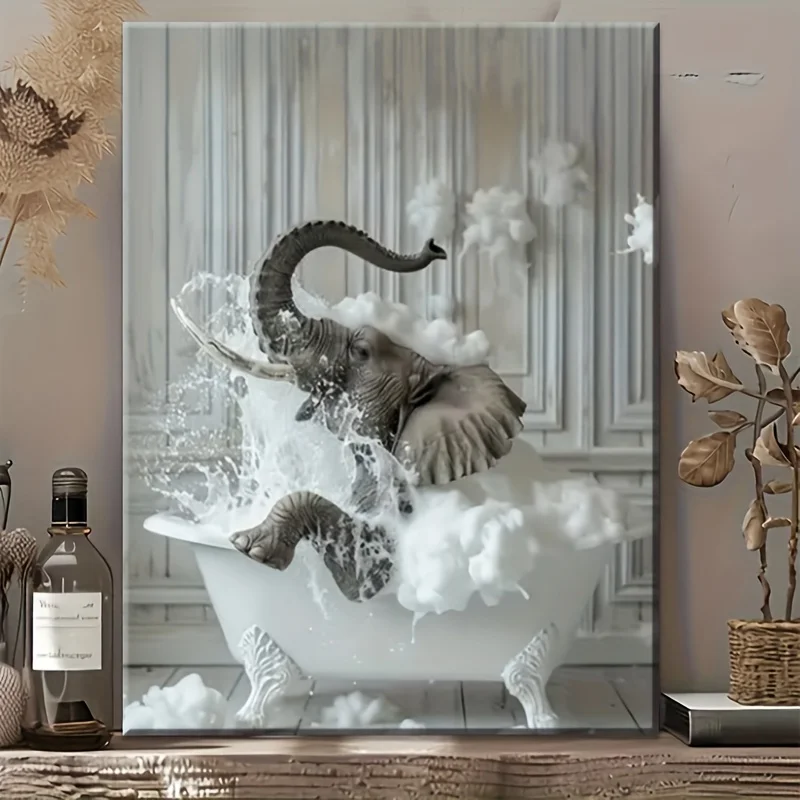 (No frame)2D Flat, 2D Flat 2D Flat, Elephant Blowing Bubbles in Bathtub Painting - Solid Wood Framed Canvas Print Suitable Fo