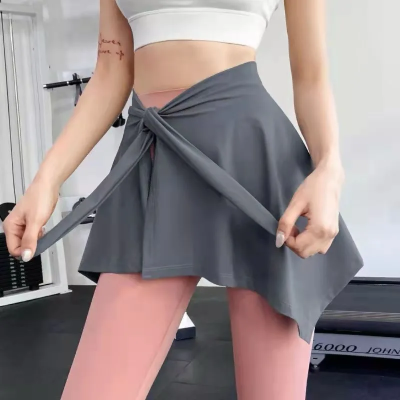 Lightweight Solid Color Yoga Tennis Skirt Women Tie Up Wrap Hip Covering Asymmetrical Scarf Skirt for Workout Running